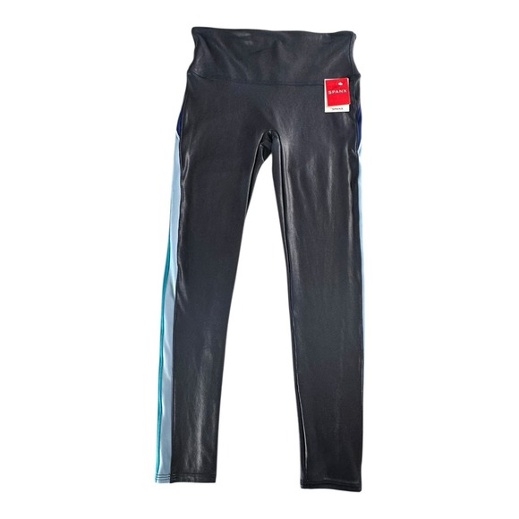 Spanx women's Navy Faux Leather 7/8 Accent Stripe Legging Size M retail $110 - Picture 2 of 14